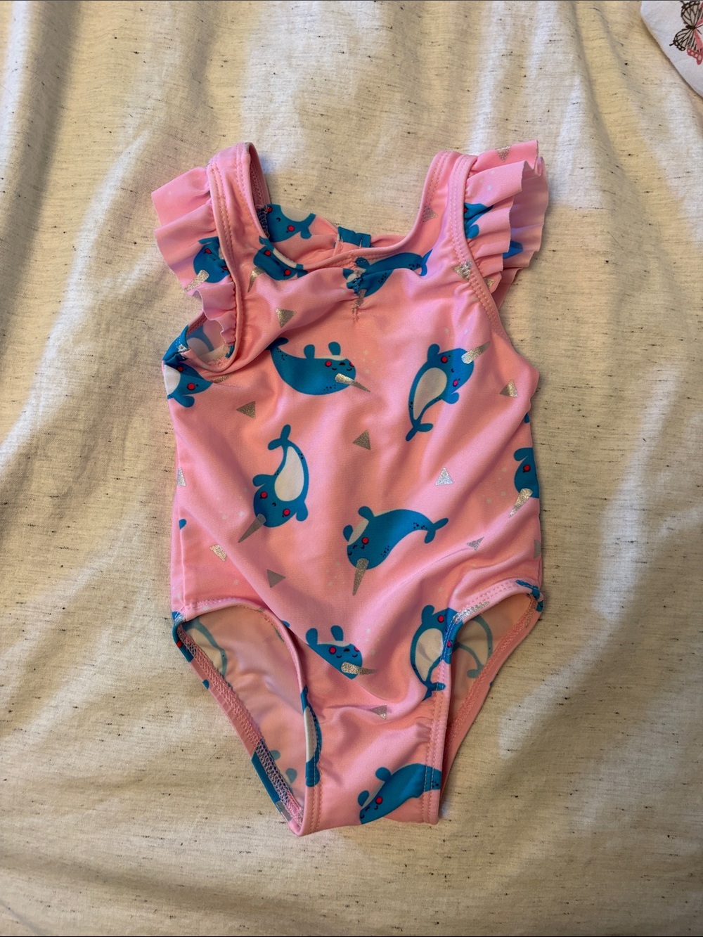 Cat & Jack Pink Narwhal One-Piece Swimsuit with Ruffle Straps